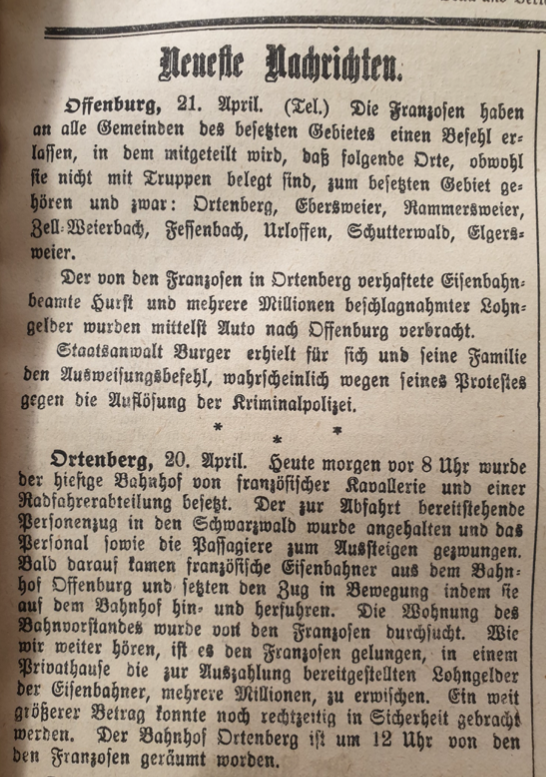 Zeitungsbericht aus "D'r alt Offenburger"